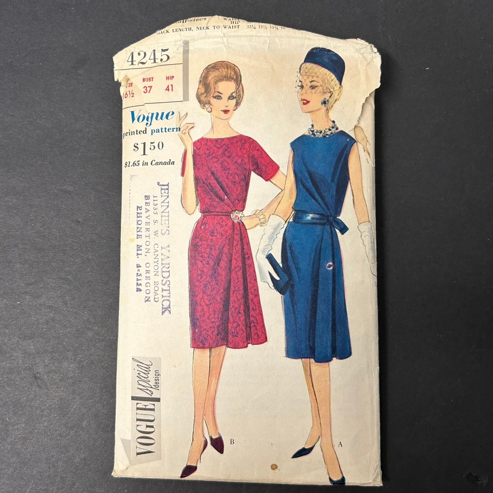Vintage 60's Vogue 4245 Sewing Pattern Women 16.5 Dress Godet Bloused HTF RARE